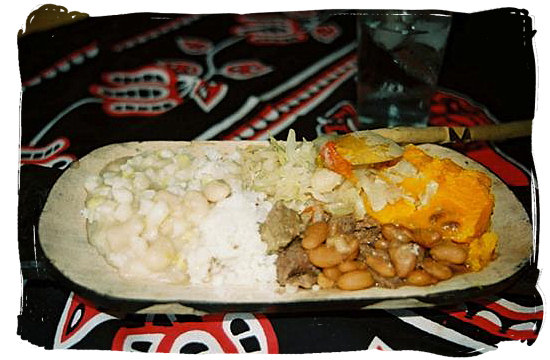 Typical Xhosa or Zulu dish consisting of samp, rice, beans, 
pumpkin and cabbage, almost like Umngwusho - South Africa's Traditional 
African Food