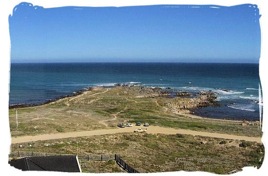View from the Agulhas lighthouse at the most southern tip of Africa at Cape Agulhas