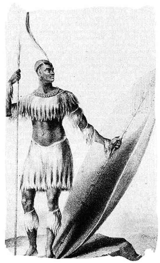 Only known drawing of King Shaka standing with the long throwing assegai and the heavy shield in 1824