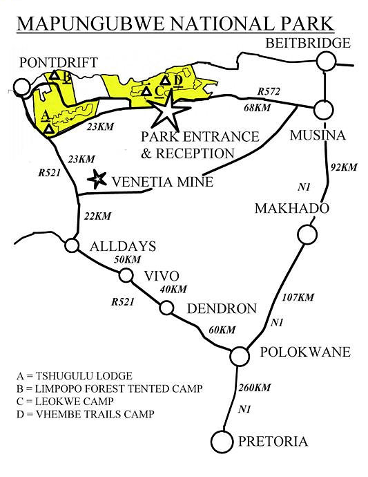 Map showing how to get to Mapungubwe South Africa from Pretoria (and Johannesburg)