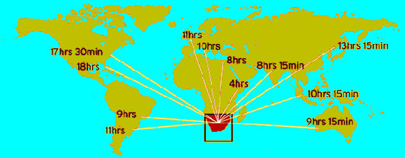 World map with flying times