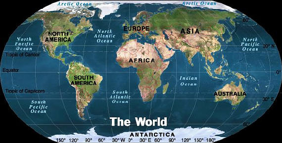 Global view of the whole world showing Africa in relation to the other continents