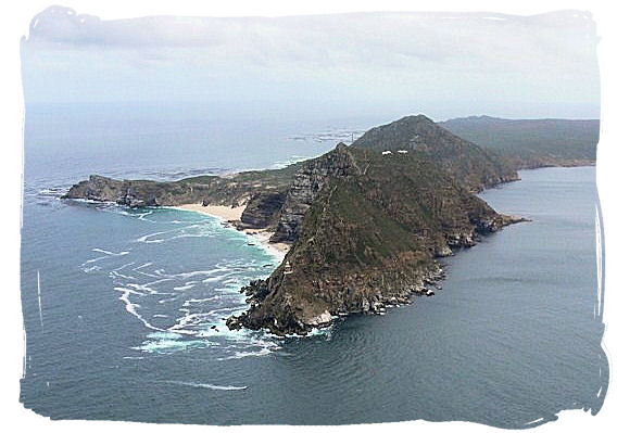 Aerial view of Cape Point with the Cape of Good Hope (also known as Cape of Storms) sticking out on the left