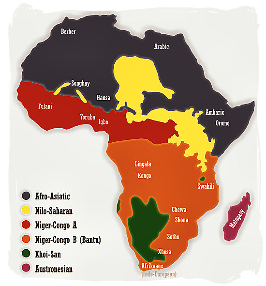 Map showing the distribution of African language families and some major African languages