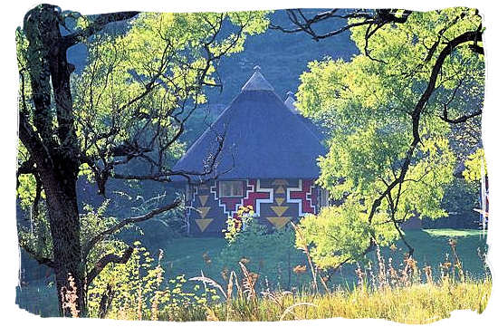 Rondawel in the Glen Reenen rest camp decorated in the traditional Basotho way - Golden Gate Highlands National Park