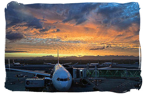 Nighttime view of the apron of Cape Town international airport in South Africa.