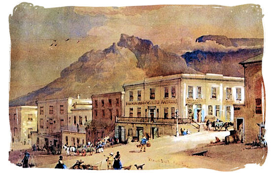 Corner Strand and Burg Streets 1862, watercolor by T.W. Bowler - History of Cape Town South Africa, Cape of Good Hope History