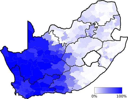 Map showing in which area of the country the West European language groups are dominant - languages of south africa, south african language
