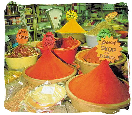 Large variety of curries for sale in an Indian shop in Durban