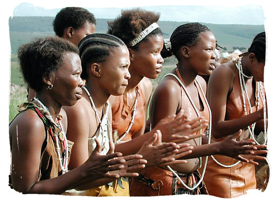 Group of modern-day female Khoisan dancers - The Khoisan People, Blend of the Khoi and San people in South Africa