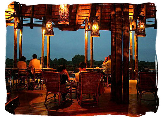 View of the restaurant and lounging area on the deck of the Lower Sabie rest camp in the Kruger National Park