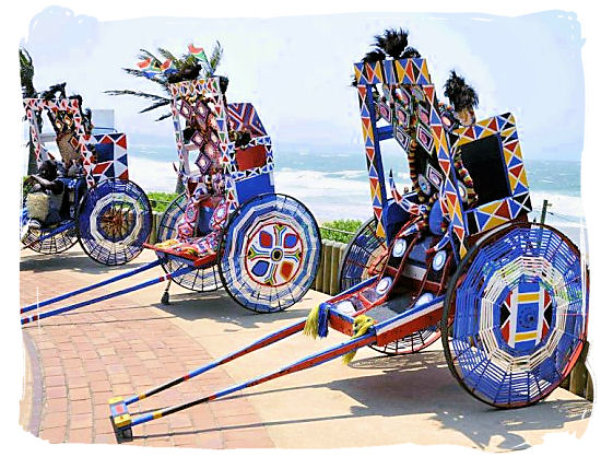 Rickshaw carriages at the Durban golden mile, waiting to be hired out for a ride