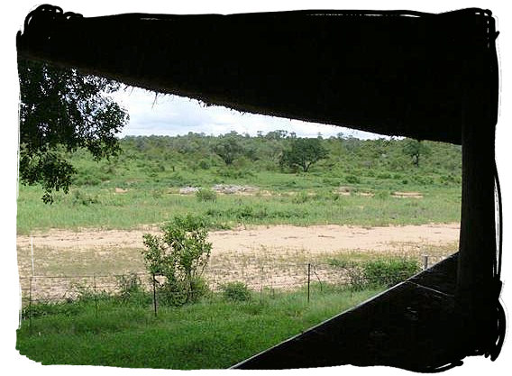 Bird and game viewing hide overlooking the Mbiyamiti river bed at the bushveld camp