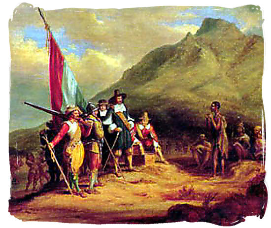 Dutch seafarer Jan van Riebeeck and his men meeting the indigenous Khoisan people at Table bay in 1652 - Cape colony