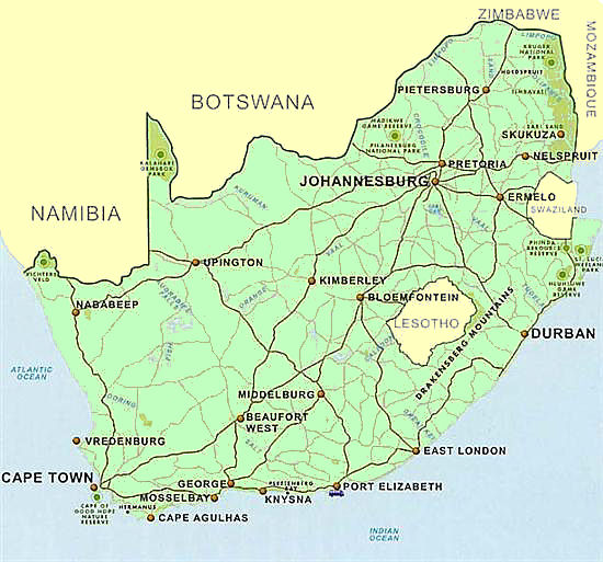 Map showing South Africa's major cities
