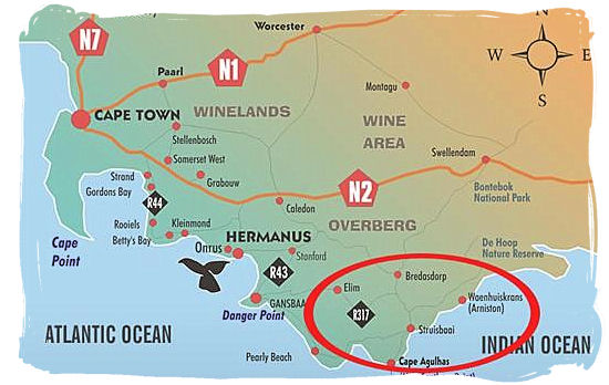 Location of the most southern tip of Africa at Cape Agulhas