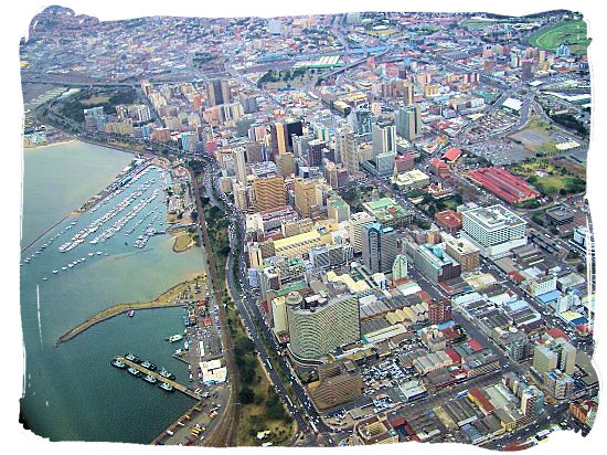 Aerial view of Durban CBD with the yacht harbour showing on the left