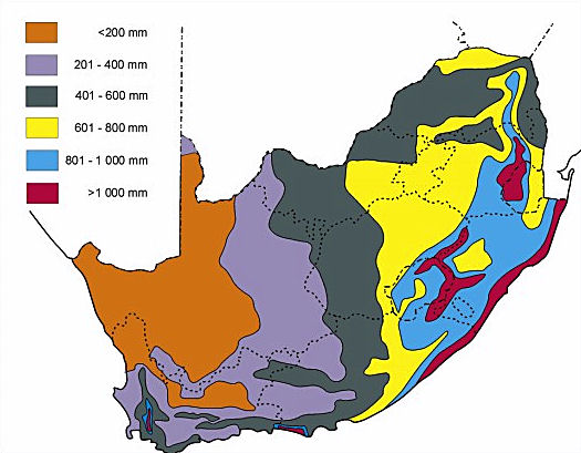 Map showing South Africa's average rainfall figures