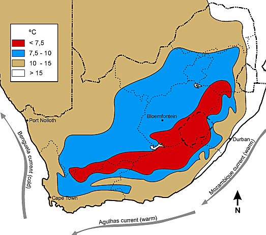 Map showing South Africa's mean average winter temperatures