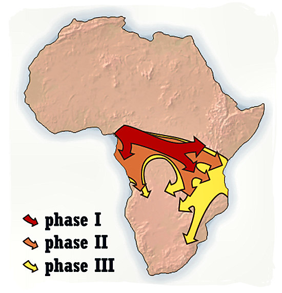 Generally accepted view of the origins and spread of the Bantu people in three phases during the southern migration