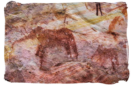 Rock painting by the San people of an elephant and what seems to be her calf.