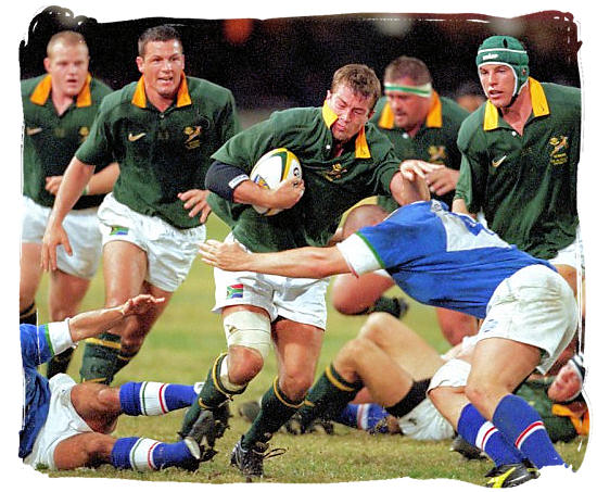 Springbok loose forward Corne Krige breaks away in a test match against Italy - Rugby in South Africa and the South Africa rugby team