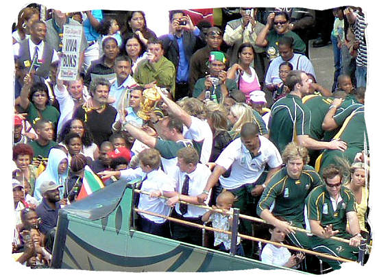 Homecoming of the victorious Springbok national rugby team, showing the William Webb Ellis world cupTrophy - Springbok rugby in South Africa and the South Africa rugby team