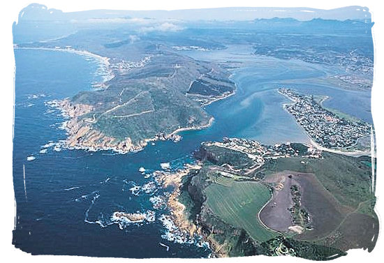 Aerial view of the Knysna Heads marking the entrance to the lagoon from the Indian ocean