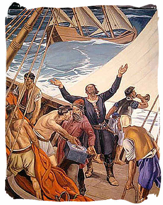 Portuguese explorer Bartolomeu Dias and his crew rounding the Cape in stormy seas - History of Cape Town South Africa, Cape of Good Hope History