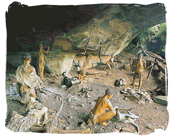 Scene of ancient “San” people using the Battle Cave in the beautiful Drakensberg mountains as their shelter - ancient africa history