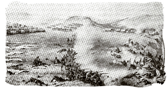 Sketch of the Battle of Khambula, the Zulus in the foreground are being driven back into the ravine - The Anglo Zulu war, more about Zulu people and Zulu history