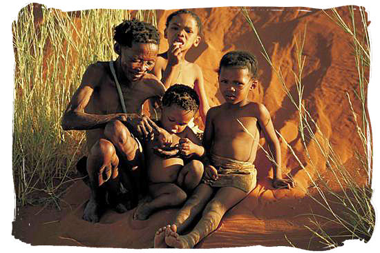 Khoisan family in the Kalahari desert - The San People or Bushmen of South Africa, also known as the Khoisan