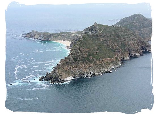 Arial view of cape Point with the Cape of Good Hope sticking out to the left - Table Mountain National Park near Cape Town in South Africa