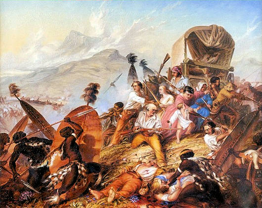 1838 Painting of a Zulu attack on a Voortrekker camp, by Charles Bell 1813-1882 - South African Art, Art Galleries in South Africa, South African Artists