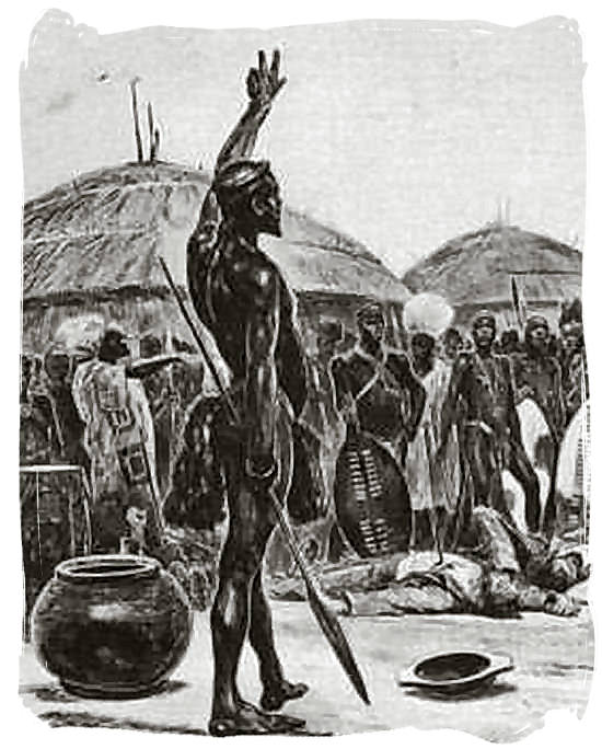 Sketch of the Zulu king Dingane chanting over the dead body of Piet Retief - Battle of Blood River