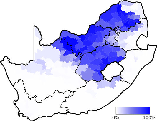 Map showing in which area of the country the Sotho language group is dominant - languages of south africa, south african language