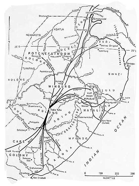 Map of the various routes of the Great Trek in South Africa