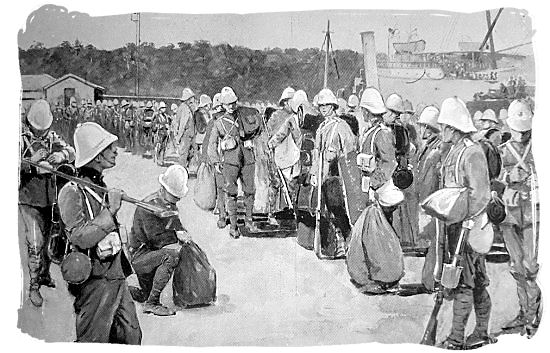 1899 painting of British soldiers landing in the harbour of Durban