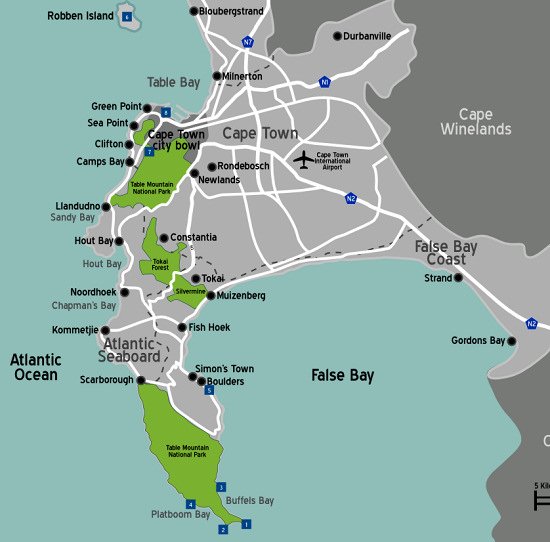 Map of the Cape Peninsula showing the lay-out of the Table Mountain National Park - Map of Cape Town, Cape Town Street Map, Detailed Map South Africa