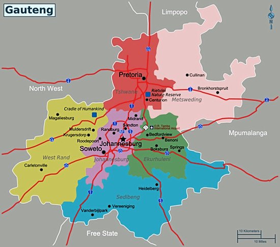 map showing how Gauteng Province has been divided into metropolitan and municipal areas - Interactive Map of Johannesburg South Africa