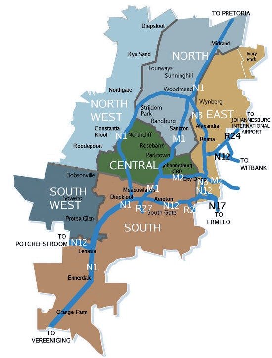 Map showing the municipal boundaries of the City of Johannesburg and its suburban areas - Interactive Map of Johannesburg South Africa