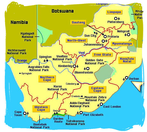 Map of South Africa giving you an overall idea of the lay of the land and showing the location of Durban