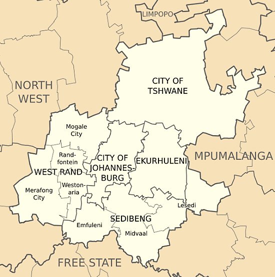 Map showing how Gauteng basically consists of two metropolitan areas, the City of Tshwane metropolitan area and the Johannesburg metropolitan area - Interactive Map of Johannesburg South Africa