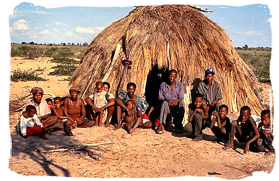 This is a modern-day Bushmen community at Gope, Central Kalahari Game Reserve, Botswana - The San bushmen or San people and the Khoisan