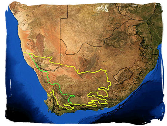 Satellite map of South Africa showing the Karoo region, the area within the yellow line