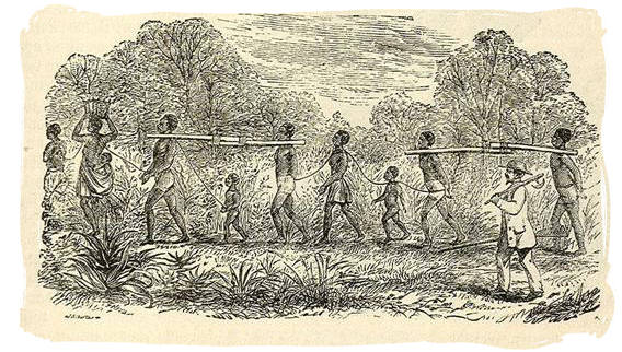 An antique sketch of a slave transport in Africa - Slaves in South Africa, History of Slavery in South Africa