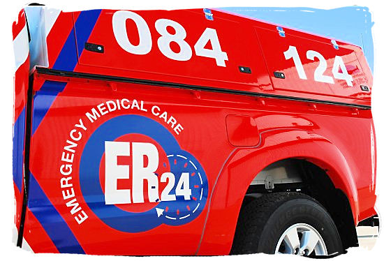 Emergency vehicle of ER24 emergency medical care and response services in South Africa