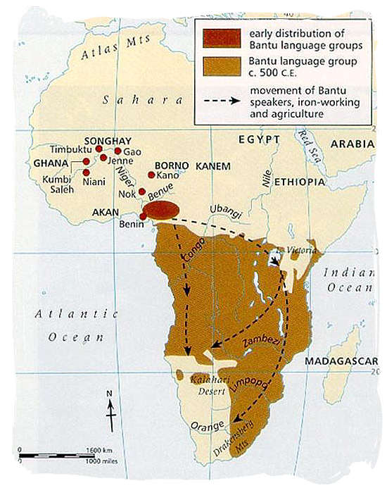 Map showing origination and southward migration of the Black people in Africa