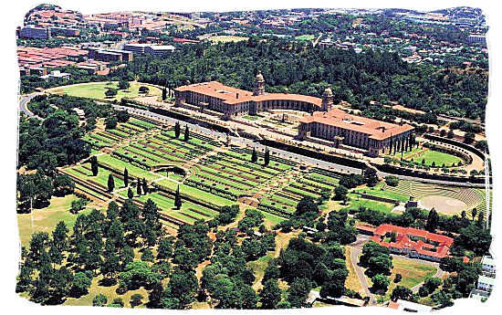 Aerial view of the Union buildings on top of Meintjes Kop in Pretoria and the surrounding gardens - South Africa Government, South Africa Government type