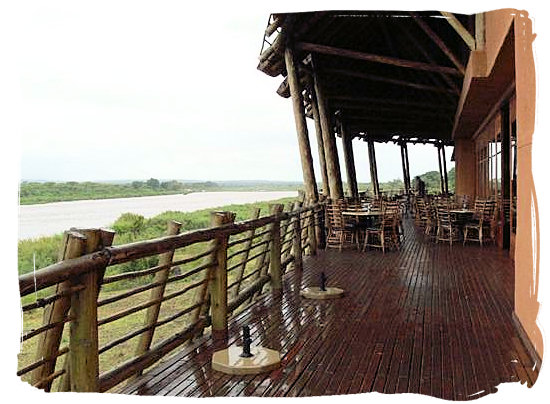 The deck around the restaurant and lounge bar area at the camp on a rainy day - Lower Sabie Rest Camp in the Kruger National Park, South Africa